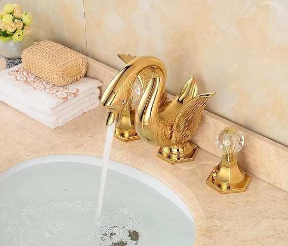 YCCUZA Widespread Bathroom Faucet Swan Design Gold Two Handles 3 Holes 8-16 Inch Bathroom Sink Faucet Lavatory Mixer Tap with Water Supply Hose Deck Mount Bathtub thumbnail 4
