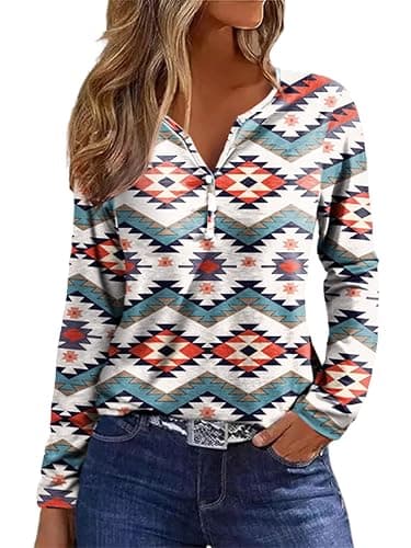 Bellelily Womens Long Sleeve T Shirts Aztec Cow Print Western Henley Tops Ladies Graphic Tees Casual V Neck Loose Fit Blouse - Image 1