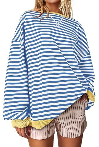 UEU Women Oversized Striped Crewneck Sweatshirt Long Sleeve Color Block Pullover Tops Casual Loose Workout Shirt - Image 1
