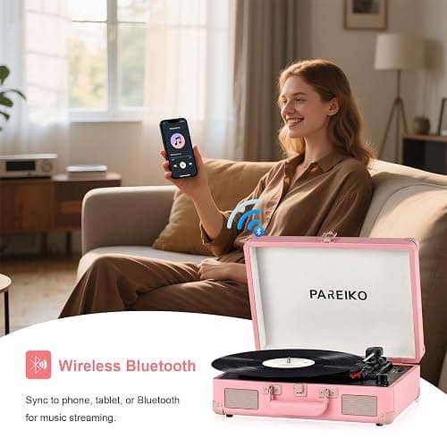 Portable Record Player with Bluetooth Connectivity USB Playback and Recording 3 Speed Turntable Vintage Suitcase Design Built in Speakers Rechargeable Battery for Vinyl Lovers thumbnail 4