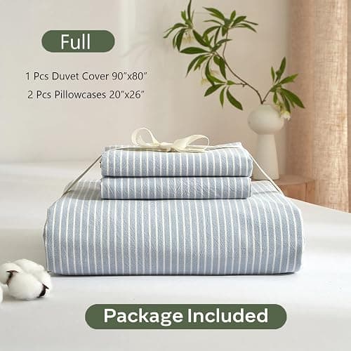 MWL Toy Striped Duvet Cover Set Full Size 3 Pcs Breathable Durable 100% Washed Cotton Comforter Cover for All Seasons Chic Linen Like Textured Bedding Set (Light Blue White Pinstripes, Full) thumbnail 5