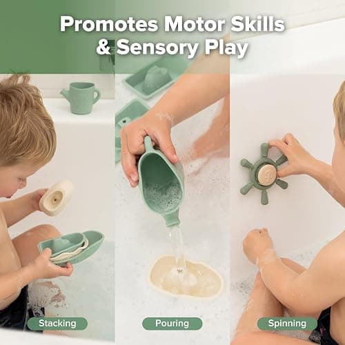Haakaa Nautical Silicone Baby Bath Toys Set, Food Grade Silicone Bathtub Toys for Toddlers, Mold-Free Stacking Boats & Spinner Toy & Pouring Cup, BPA Free Floating Tub Toys for Baby 6M+ thumbnail 6