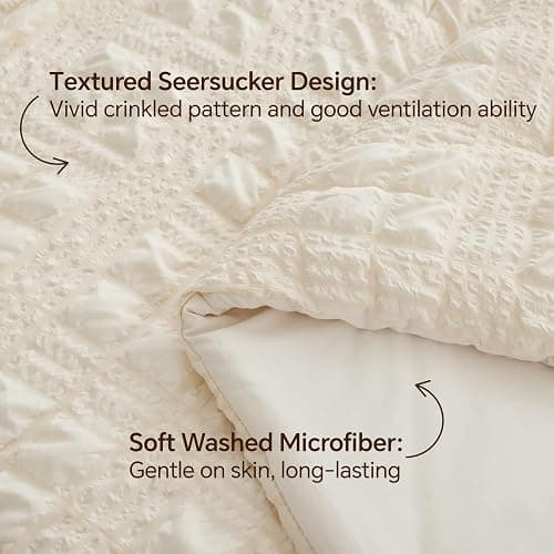 BEDELITE Queen Comforter Set, Seersucker Bedding Set 3 Pieces, Cream | All Season Use, Machine Washable, Soft and Lightweight, Ruched Comforter for Bedroom, Wrinkle-Resistant, Cozy and Stylish thumbnail 2