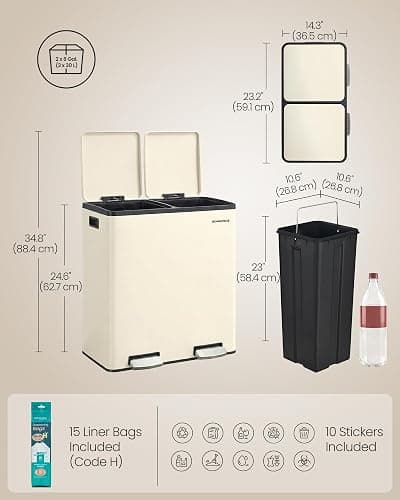 SONGMICS Trash Can, 2 x 8 Gallon (2 x 30 L) Double Compartment Garbage Can for Recycling, Stainless Steel, with 15 Liner Bags, Soft-Close Lids, Removable Buckets, Pedals, Almond ULTB160AZ01 thumbnail 3