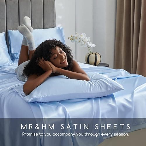 MR&HM Satin Bed Sheets, Queen Size Sheets Set, 4 Pcs Silky Bedding Set with 15 Inches Deep Pocket for Mattress (Queen, Light Blue) thumbnail 6