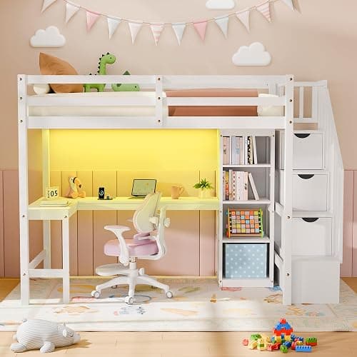 Xilingol Twin Loft Bed with Stairs and Desk, Solid Wooden Loft Bed, Heavy Duty Loft Bed with L-Shape Desk, LED Light Strips, Charging Station, Storage Cabinets, Extra-High Guardrails for Kids, Teens thumbnail 3