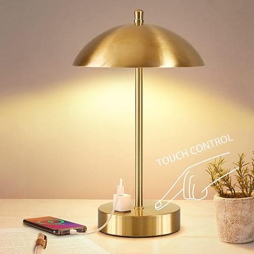 Modern LED Desk Lamp with AC Adapter,12" 3-Way Dimmable Touch Bedside Reading Lamp, Minimalist Gold Small Nightstand Table Lamp with Mushroom Dome Shade for Bedroom Living Room Office, Bulb Included - Image 1