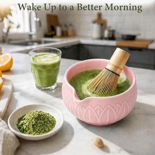 HUSHHAVN Matcha Whisk Set, Ceramic Matcha Set Includes Bowl & Holder, Bamboo Whisk (Chasen), Scoop, Spoon and Sifter, 6Pcs Matcha Kit Covers Everything Needed for Making Matcha (Leaf Pink) thumbnail 2