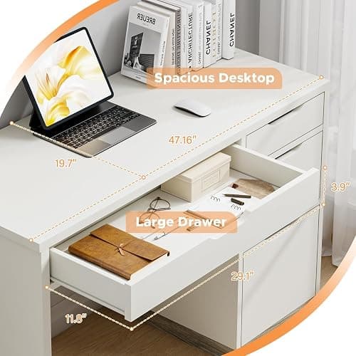 MaverickFurni White Desk with Drawers, 48 Inch Small Computer Desk with 4 Storage Drawers for Small Space, Home Office Desk for Bedroom with Storage File Drawer thumbnail 4