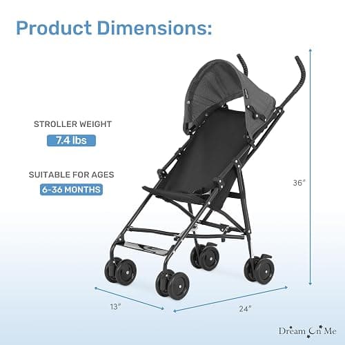 Dream On Me Aero Travel Umbrella Stroller, One-Hand Quick Fold, 3-Point Safety Harness, Dual Brakes, Adjustable Removable Canopy, Lightweight Compact & Space-Saving for Infants and Toddlers – Black thumbnail 2