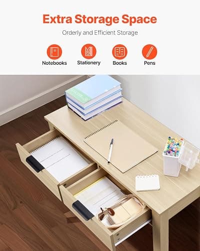 VEVOR Small Desk with Drawers, Wooden Table for Home Office, Small Computer Desk with Storage, Vanity Desk with Drawers, Study Table for Adults/Students for Drawing, Reading, Writing, Light Wood thumbnail 6