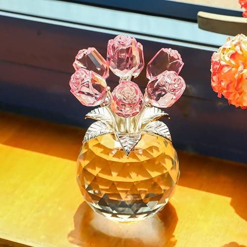 Movdyka Pink Crystal Rose Glass Flowers with Vase Figurine Home Decor | Handmade Crystal Flowers Bouquet Ornament Collectible Figurines ​Valentine Anniversary Christmas Mothers Gifts For Wife Mom thumbnail 7