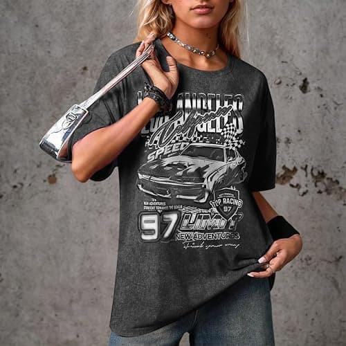 Pairxily Oversized Graphic Tees for Women Baggy Streetwear Preppy Shirts for Teens Race Car Checkered Flag Drop Shoulder Top - Black - Large thumbnail 3
