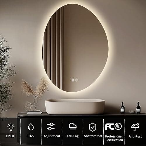 Yoding LED Bathroom Mirror with Lights 25x33, Stepless Dimmable Irregular LED Mirror with 3 Colors, Anti-Fog, Memory, Al-Alloy Lampshade, Frameless Makeup Mirror for Bathroom (Horizontal/Vertical) thumbnail 3