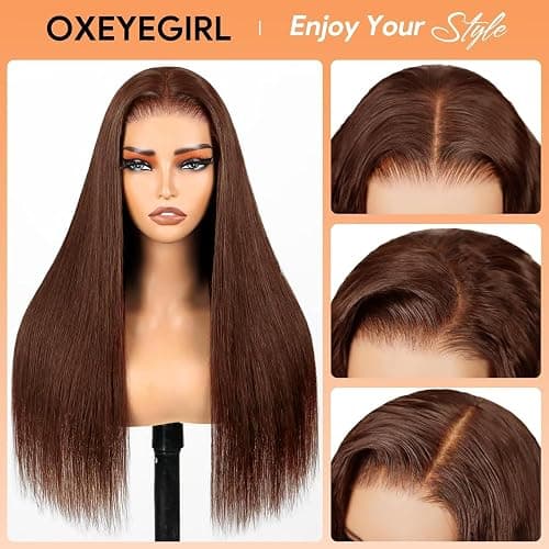 Oxeyegirl 22 Zoll 9x6 Straight Chocolate Brown 200% Density Wear and Go Glueless Wig Echthaar Perücke HD Lace Front Wig Human Hair Wigs Perücken Echthaar Damen No Glue Pre Plucked Pre Cut thumbnail 4