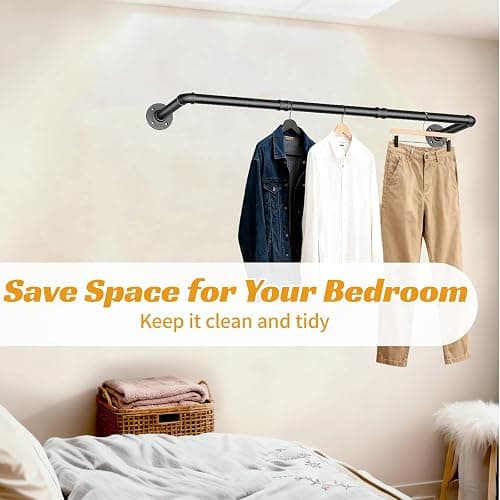 ZHLZHL 50 INCH Clothes Rack,Industrial Pipe Clothing Rack Wall Mounted,Heavy Duty Iron Garment Rack Retail Display Clothes Rod for Closet,Laundry Room,Black thumbnail 5