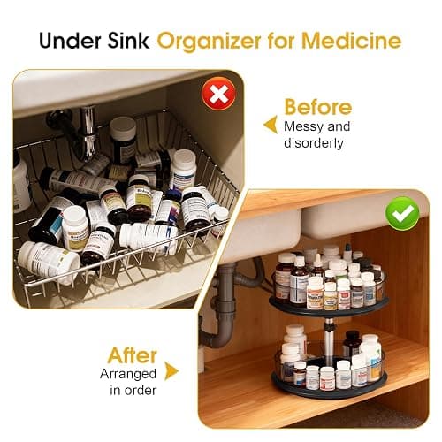 2 Tier Medicine Cabinet Organizer, Rotary Turntable Organizer for Medicine and Vitamin Bottles, Under Sink Organizer for Medicine, Bathroom Cabinet Storage, Tray has Removable Dividers, Easy Assembly thumbnail 4