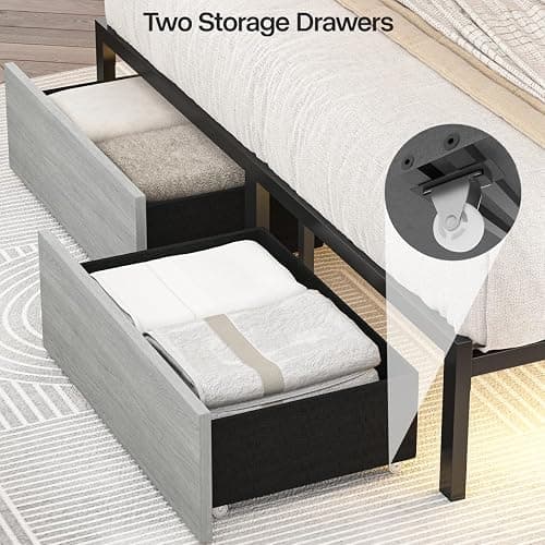 Siihnon Queen Bed Frame with Headboard and LED Lights, 51.2" Bookcase Tall Bed Frame Queen Size with Storage Drawers and Charging Station, Platform Metal Bed Frames, No Box Spring Needed, Grey thumbnail 7