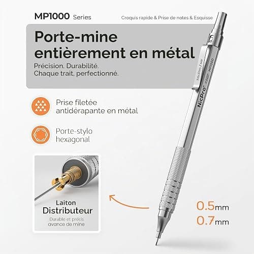 Nicpro 2 Pièces Porte Mines Métal avec étui, Crayon Mécanique Automatique 0,5 mm et 0,7 mm avec Recharge de Mines HB, Gommes, Porte Mine pour l'écriture Artistique, le Dessin, le Croquis(Argent) thumbnail 4