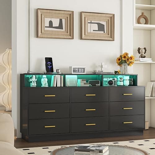 knoworld Black 9 Drawer Dressers for Bedroom, Modern Large Dresser with LED Light and Power Outlet, Wooden Long Dresser, Triple Dresser for Bedroom, Living Room, Entryway, Hallway - Image 1