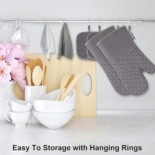 KEGOUU Oven Mitts and Pot Holders 6pcs Set, Kitchen Oven Glove High Heat Resistant 500 Degree Extra Long Oven Mitts and Potholder with Non-Slip Silicone Surface for Cooking (Grey) thumbnail 2