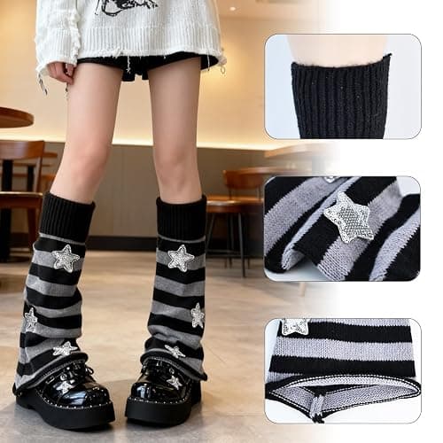 WVD Leg Warmers, Striped Knitted Y2K Leg Warmers Women Winter Thermal Warmer, Goth Harajuku Warm Socks Women Thermal for Autumn JK Boot, Snow Boots and Calf with College Style thumbnail 3