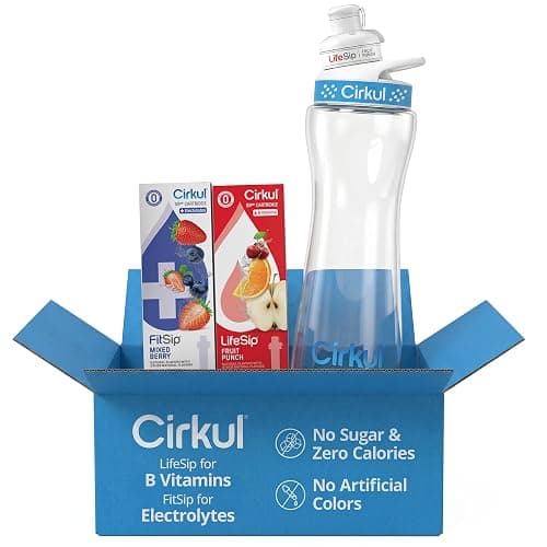 Cirkul 22oz. BPA-Free Plastic Water Bottle Starter Kit with Blue Lid, 2 Flavor Cartridges (1 LifeSip Fruit Punch, 1 FitSip Mixed Berry) No Sugar, Zero Calorie Drink Mix - Image 1