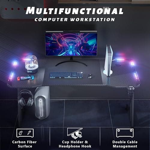 HLDIRECT 47 Inch Gaming Desk with LED Lights, Large RGB Computer Gaming Desk Table with Cup Holder Headphone Hook Mouse Pad, Ergonomic Modern Carbon Fiber Mesa Gamer Pc Work Home Office Desks, Black thumbnail 6