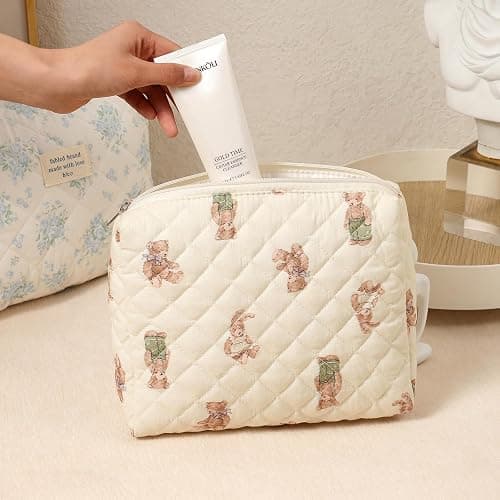 Quilted Cotton Makeup Bag 2Pcs Coquette Cosmetic Bag,Large Soft Floral Travel Toiletry Bag for Women and Girls (01Bear) thumbnail 2