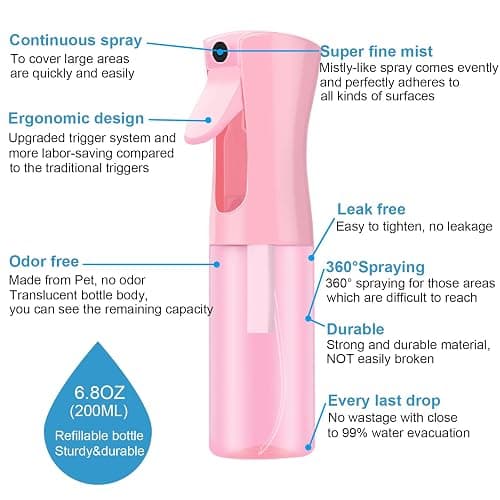 LERPOLOR Empty Spray bottles, Continuous Spray Bottle for Hair, Spray Water Bottle Fine Mist Refillable, Skin Care, Showering Pets, Plants, travel, Ironing and Cleaning 6.8 Ounce (1 Pack, Pink) thumbnail 4
