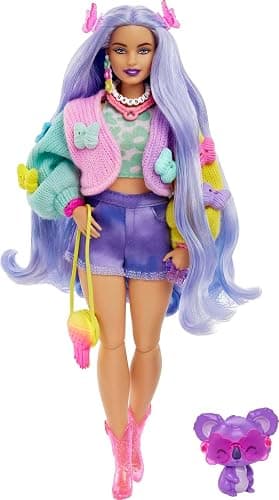 Barbie Extra Doll & Accessories with Wavy Lavender Hair in Colorful Butterfly Sweater & Pink Boots with Pet Koala - Image 1