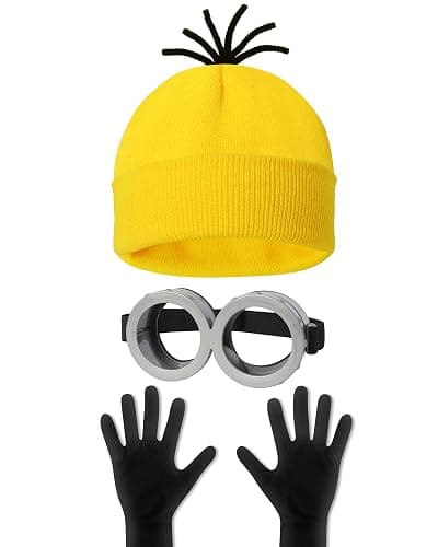 HEYFIZZ 3 Pcs Halloween Costume Accessories Adult, Easy Costume Men Women | One Size Fits Most,Last Minute Adult Halloween Costumes,Yellow Beanie Hat,Adjustable Goggles,Gloves,Family Group Costume - Image 1