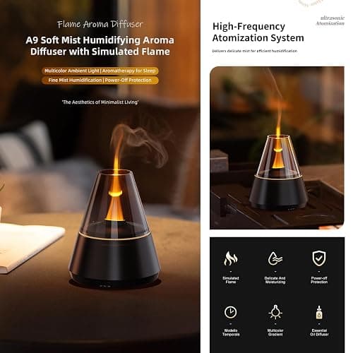 Ultrasonic Aroma Diffuser with Simulated Flame, 150ml, Timer and Auto-Off, LED Ambient Light (Black) thumbnail 2