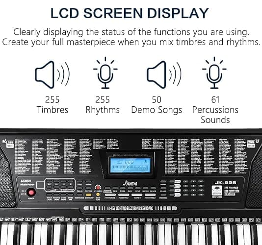 61 Key Portable Electronic Keyboard Piano w/Lighted Full Size Keys, LCD, Headphones, X-Stand, Stool, Music Rest, Microphone, Note Stickers, Built-In Speakers,3 Teaching Modes thumbnail 2