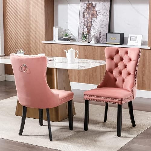 Beuiosda Pink Dining Chairs Set of 2 -Modern Velvet Upholstered Dining Chair with Ergonomic Tufted Backrest and Solid Wood Legs, Easy Assembly for Kitchen, Dining Room, Living Room, Restaurant thumbnail 3