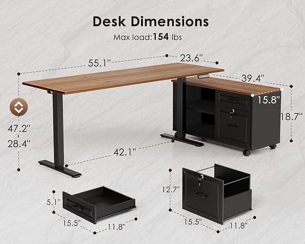 OffiGo 55 Inch L Shaped Electric Standing Desk with Drawers & File Cabinet Sets, Executive Sit Stand Desk, Height Adjustable Computer Desk for Home Office, Writing, Workstation, Walnut+Black thumbnail 3
