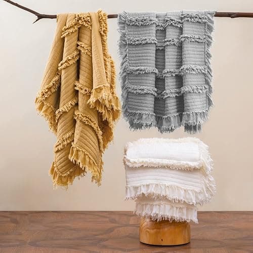 Ultra Soft Pre-Washed Quilted Boho Cream Twin Size Blankets for Bed, Ruffle Fringed Decorative Throw, Stone Washed Chic Rustic Blanket for Sofa Couch Bed, 60"*80" thumbnail 6