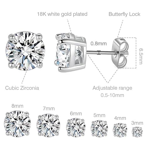 18K White Gold Plated 4 Pong Round Clear Cubic Zirconia Stud Earring Pack of 6 Pairs (6 Pairs) thumbnail 3