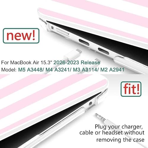DONGKE for MacBook Air 15 inch Case M5 M4 M3 M2 Chip 2026 2025 2024 2023 Release (Model A3448 A3241 A3114 A2941), Hard Shell Case with Keyboard Cover & Type C Adapter, Pink & White Stripes thumbnail 3