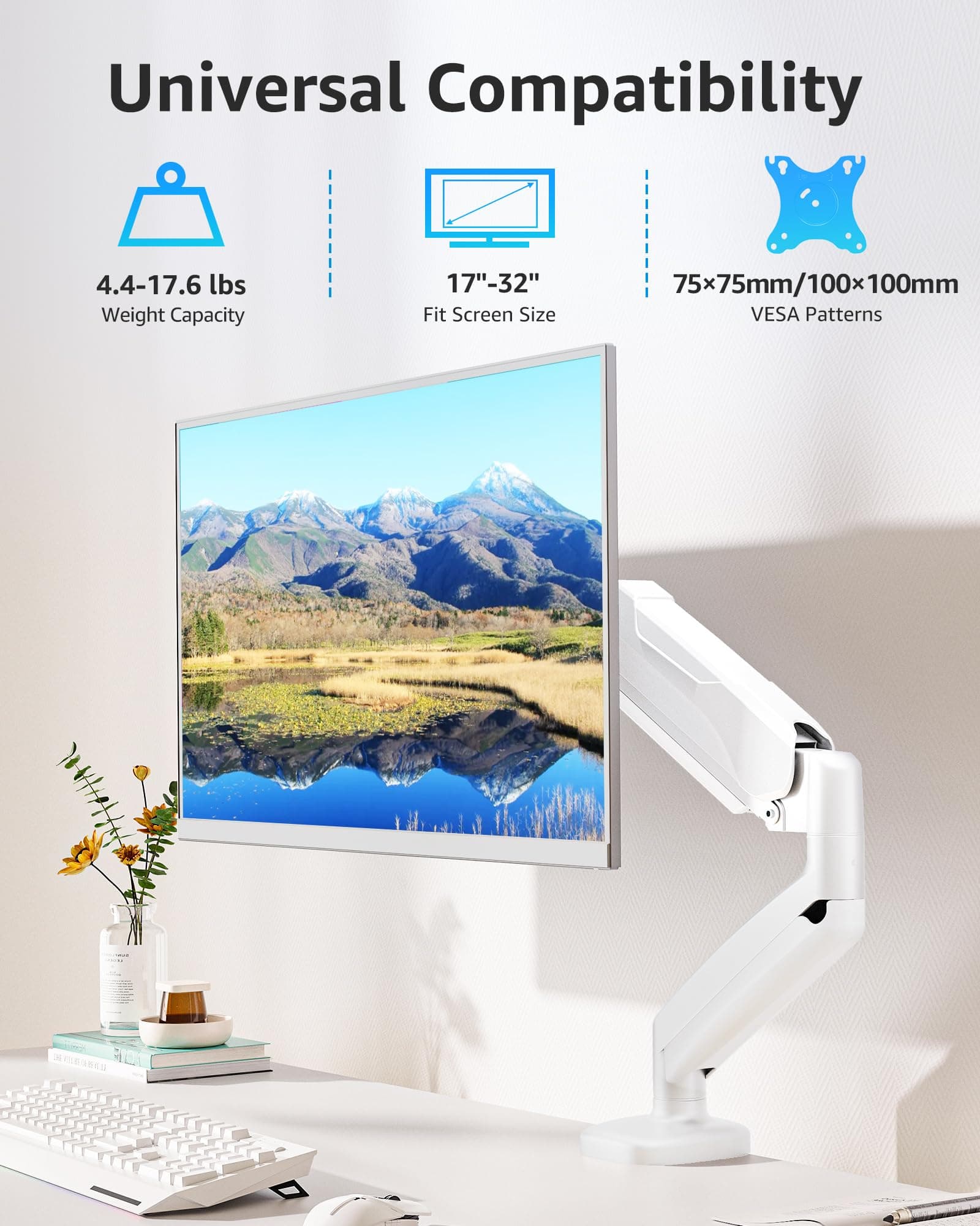 MOUNTUP Single Monitor Desk Mount Holds Screen up to 32 inch, Height Adjustable Monitor Arm, Computer Monitors Stand with Clamp/Grommet Mounting Base, VESA Mounts Fit 4.4-17.6lbs Computer, White thumbnail 3