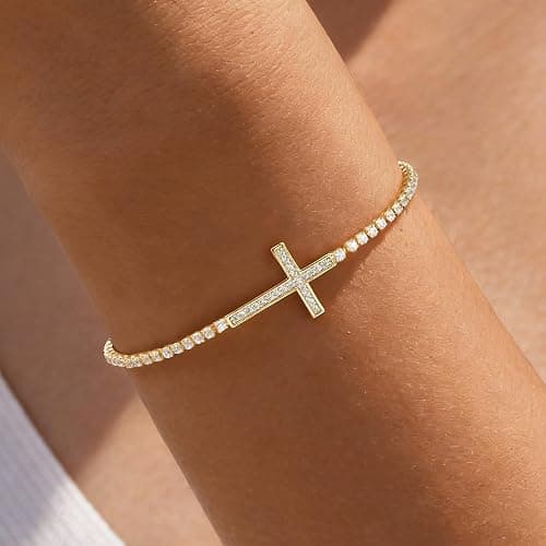 Cross Tennis Bracelets for Women : Classic Bracelet Cubic Zirconia with 14K Gold Plated Religious Wrist Chain Trendy Adjustable Link Chain Jewelry Gifts thumbnail 2