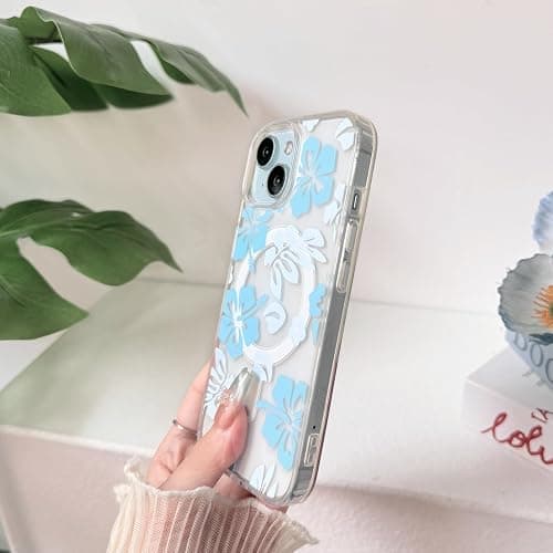 NITITOP Compatible with iPhone 15 Case Clear Magnetic Compatible with MagSafe Cute Hibiscus Flowers Floral for Women Girls Floral Hard PC Back Shockproof Protective Phone Cover - Blue thumbnail 6