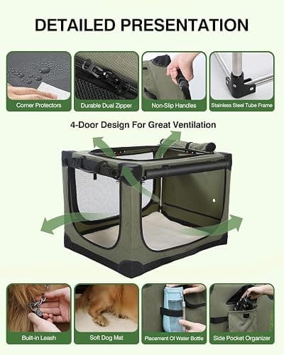 Veraste 33 Inch Collapsible Travel Dog Crate for Medium Large Dogs, Portable Dog Crate 4-Door Foldable Soft Kennel with Durable Mesh Windows for Indoor & Outdoor Travel, with Storage Bag,Green thumbnail 6