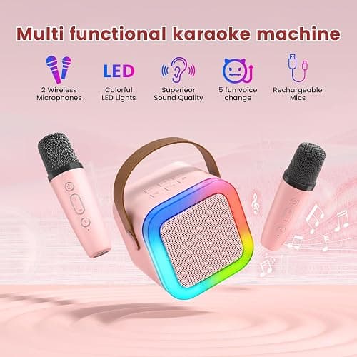 Mini Karaoke Machine for Kids,Portable Bluetooth Speaker with 2 Wireless Microphones,Toddler Music Player Toys,Easter Birthday Gifts for 3,4,5,6,7,8,9,10,11,12+Years Old Girls Boys (Pink) thumbnail 6