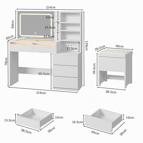 IRONCK Schminktisch mit LED-Beleuchtung, Glasplatte, Hocker & Steckdose | Schminktisch mit Spiegel, 5 Schubladen, offene Fächer, verstellbare Ablagen, 2 AC, USB-A & USB-C Anschluss, Weiß thumbnail 2
