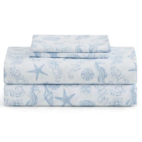 Caribbean Joe Queen Coastal Print Microfiber Sheet Set, Coastal Brocade | Soft, comfortable 100% polyester microfiber 4-piece set with 12" deep pockets and a coastal seashell pattern - Image 1
