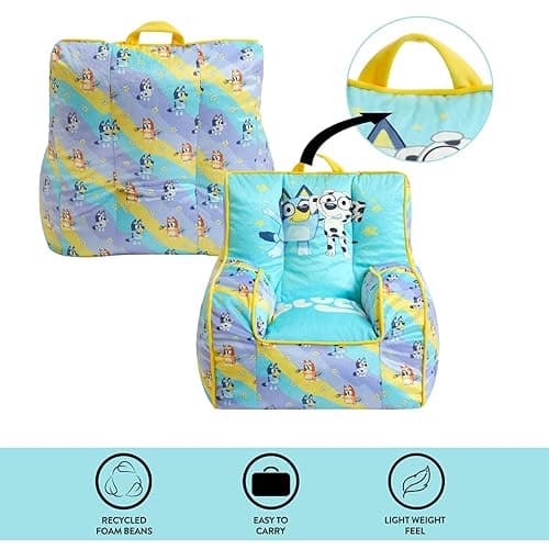 Idea Nuova Bluey Kids Micromink Bean Bag Sofa Chair with Piping & Top Carry Handle, Bluey and Chloe, Ages 3+ - Bluey thumbnail 4