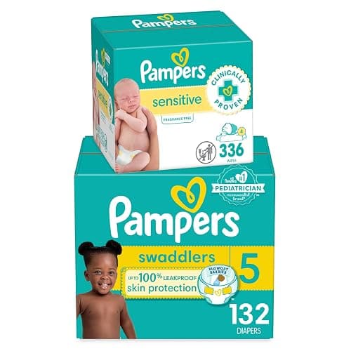 Pampers Swaddlers Disposable Baby Diapers Size 5, 132 Count with Sensitive Water Based Baby Wipes 4X Pop-Top Packs (336 Count) - Image 1