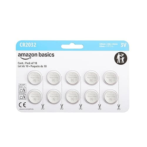 Amazon Basics CR2032 3V Lithium Coin Cell Batteries for Key Fob, Watch, Remote, Child-Proof Package, Non-Coated, AirTag Compatible, 10-Pack - Image 1