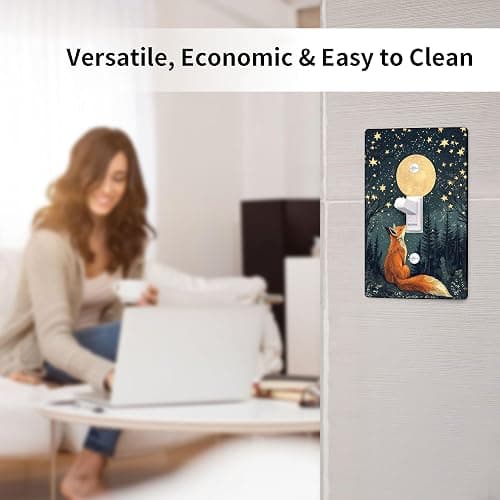 Night Sky Fox Light Switch Cover Plates/Outlet Covers, Fairytale Jungle With Stars And Moon, Thermoplastic Mystical Nature Landscape Wall Plates, Standard Size Faceplate Single Toggle thumbnail 4